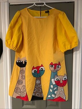 Vonda Yellow Women's Cat Print Puff Sleeve Dress